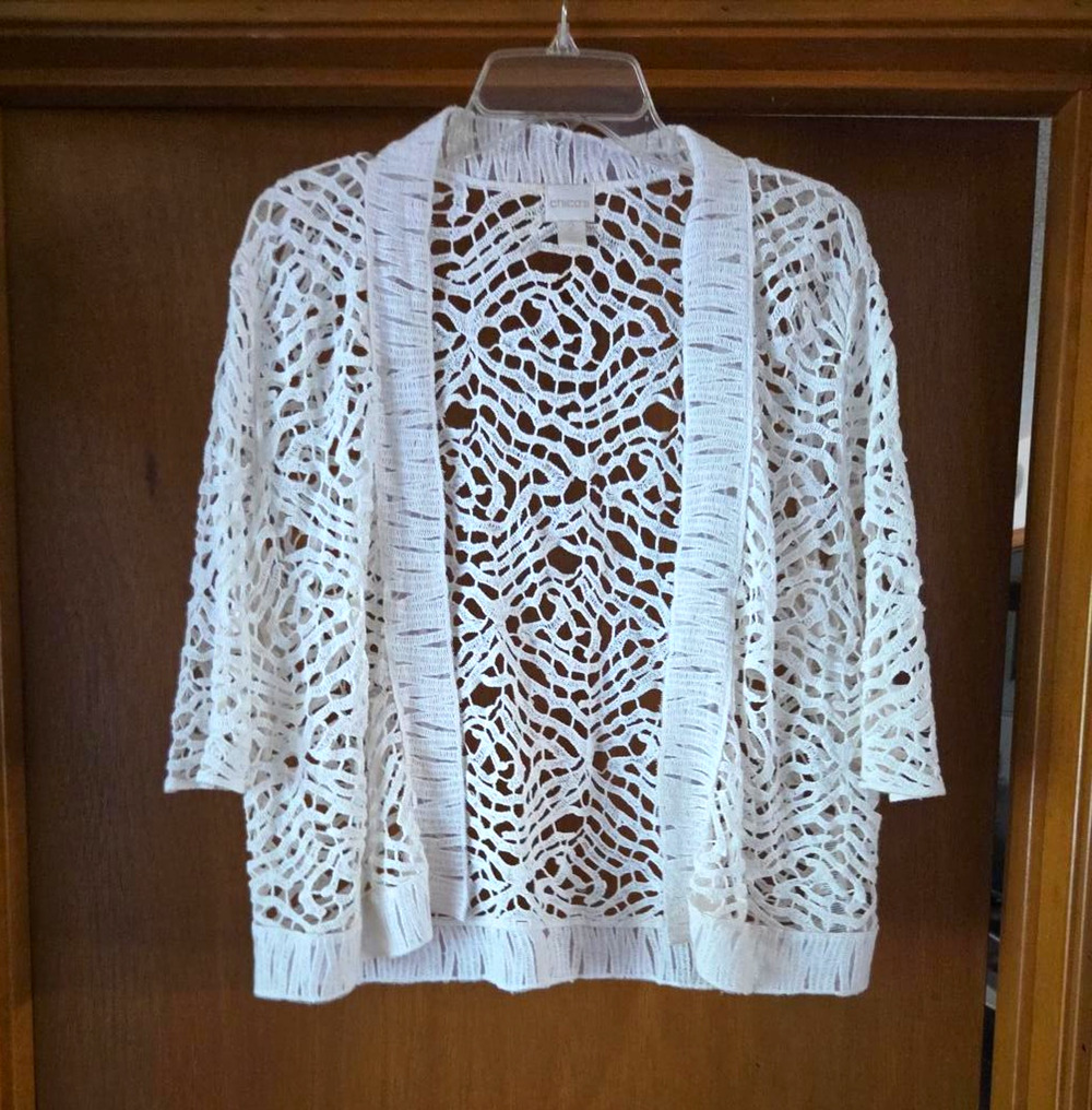 Chico's Cardigan Sweater Women's Sz 2 White Cotton Open-Knit Openwork 3/4 Slv